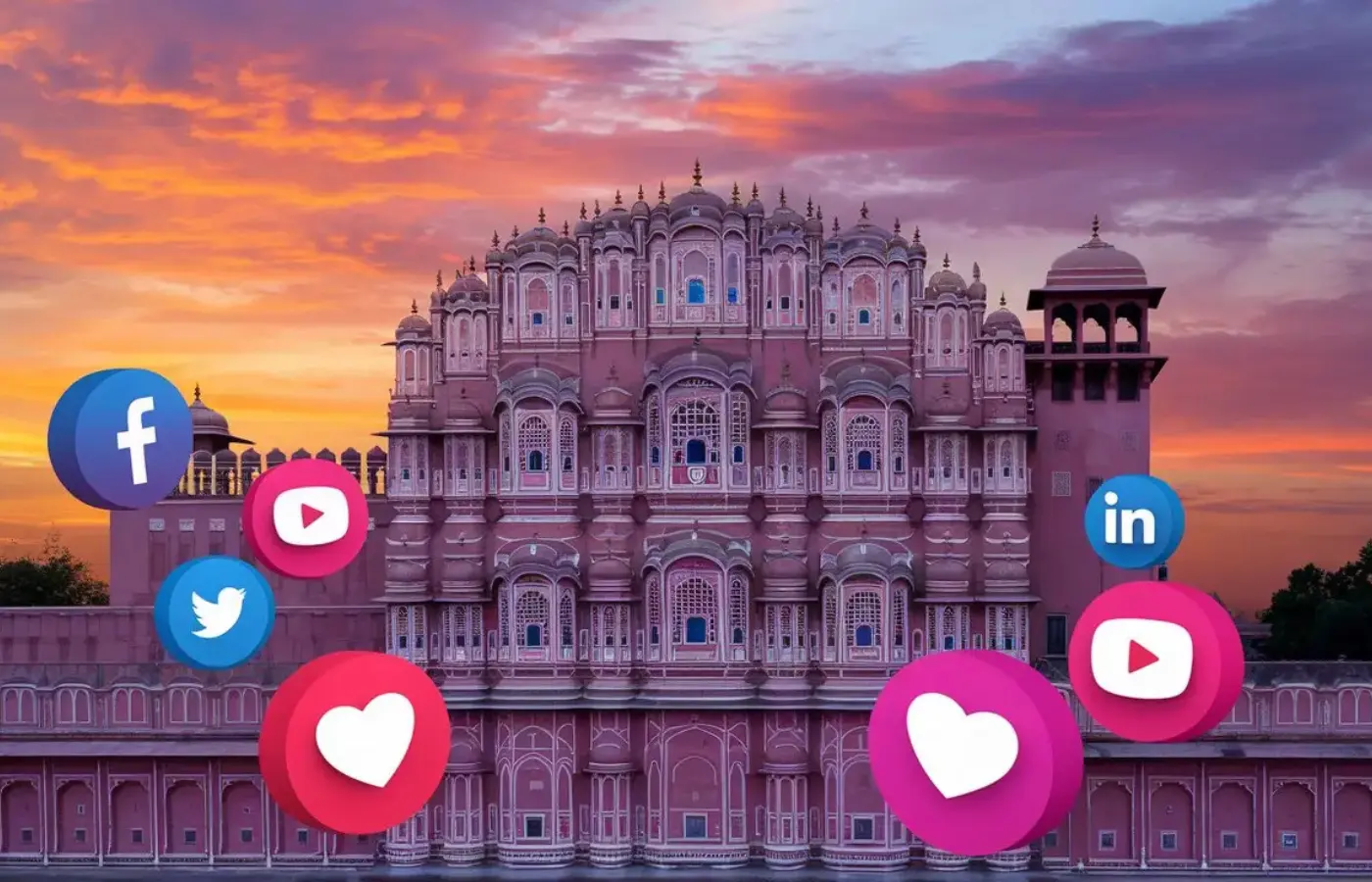 Hawa Mahal Jaipur with social media icons – Best social media marketing agency in Jaipur for digital growth.